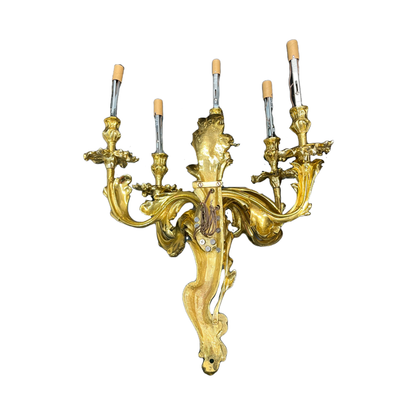 Antique Huge and Heavy Solid Cast Brass Baroque Revival 5-Light Sconces Polished and Lacquered with New Wiring and Candle Covers #2432