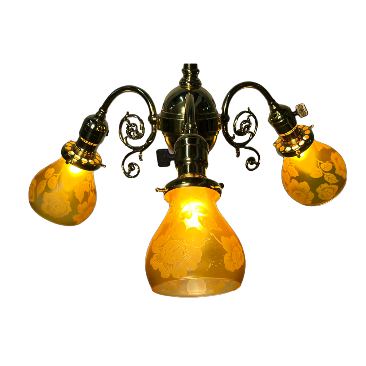 Lovely Victorian 3 light Fixture with Etched Amber Glass Shades #2451