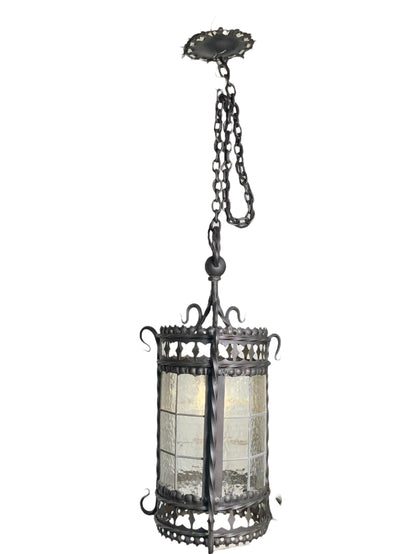 Vintage Spanish Revival Exterior Pendant Light with Original Leaded Glass #2543