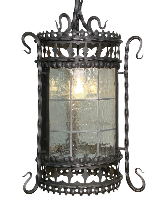 Vintage Spanish Revival Exterior Pendant Light with Original Leaded Glass #2543