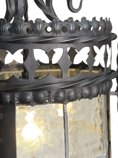 Vintage Spanish Revival Exterior Pendant Light with Original Leaded Glass #2543