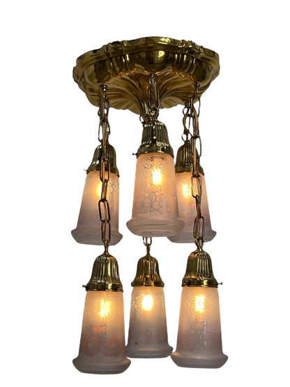 Small Sheffield Shower Light in Polished Brass with 6 Floral Shades #2571