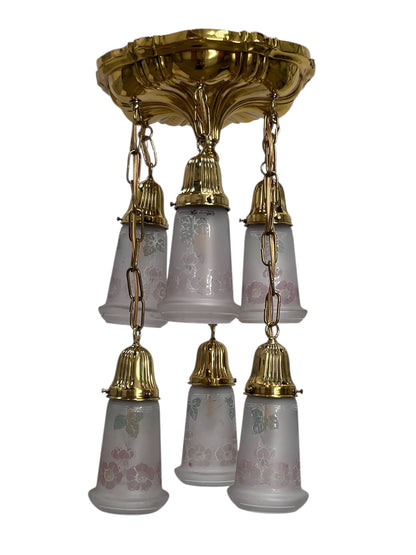 Small Sheffield Shower Light in Polished Brass with 6 Floral Shades #2571
