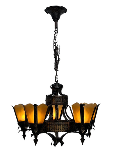 Frankelite 5 light Chandelier from the 1930s with Amber Glass Shades and Original Finish #2572
