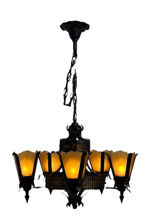 Frankelite 5 light Chandelier from the 1930s with Amber Glass Shades and Original Finish #2572