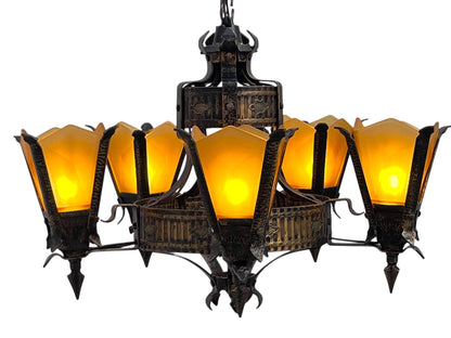 Frankelite 5 light Chandelier from the 1930s with Amber Glass Shades and Original Finish #2572
