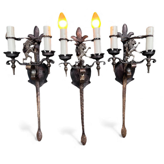 Set of 3 Huge Iron and Bronze Spanish Revival Wall Sconces #2574