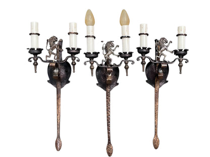 Set of 3 Huge Iron and Bronze Spanish Revival Wall Sconces #2574