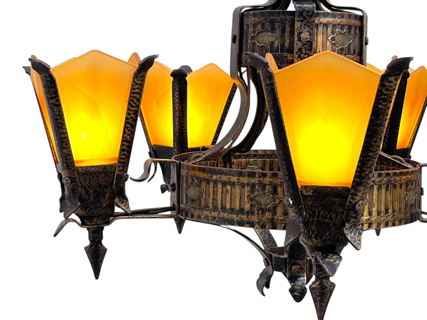 Frankelite 5 light Chandelier from the 1930s with Amber Glass Shades and Original Finish #2572