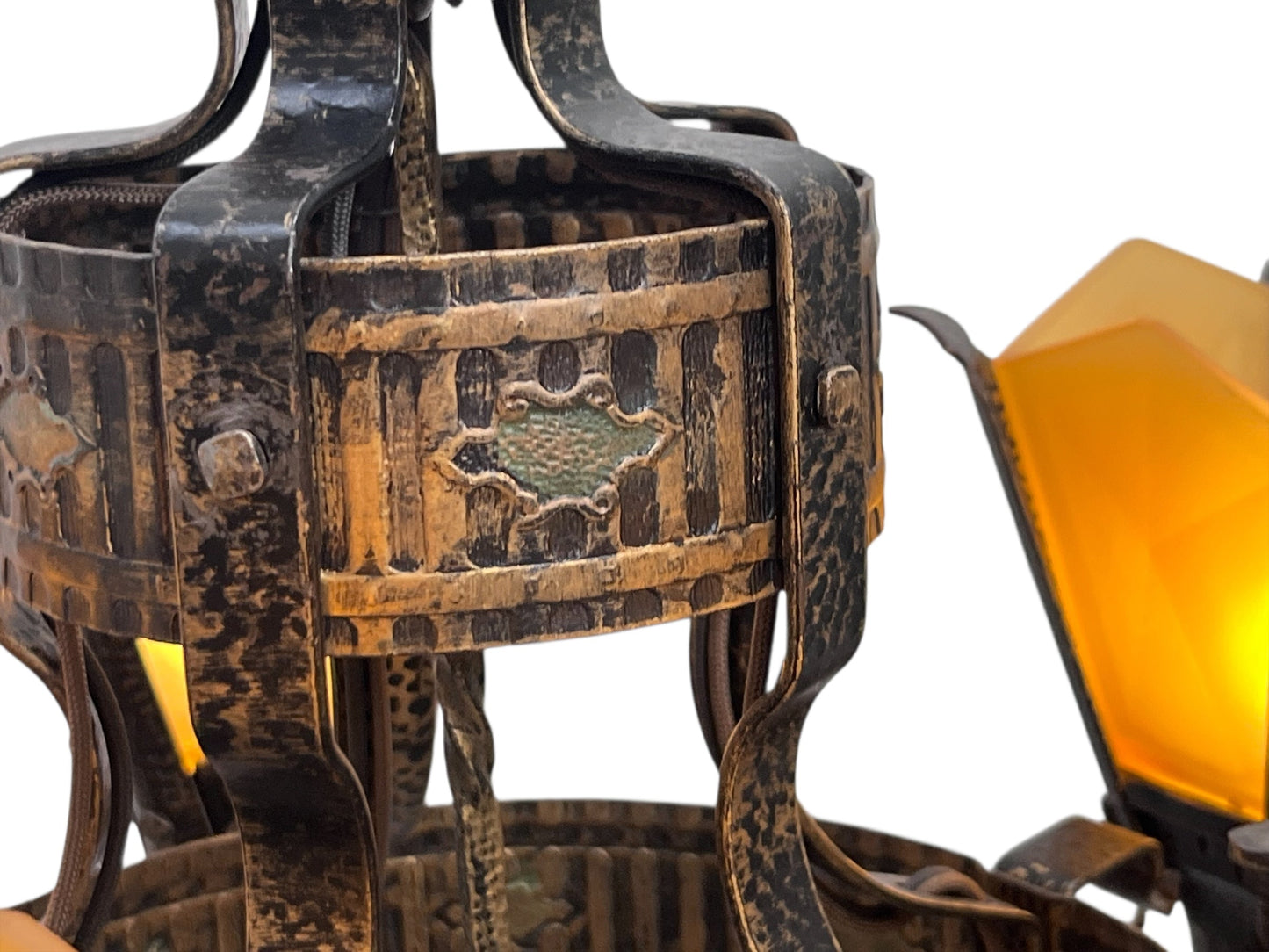 Frankelite 5 light Chandelier from the 1930s with Amber Glass Shades and Original Finish #2572