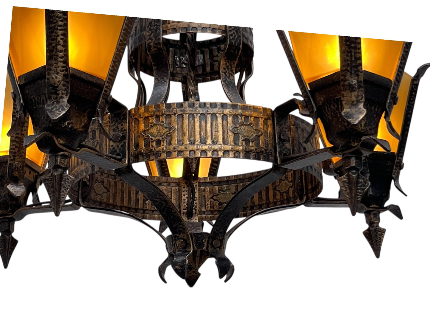 Frankelite 5 light Chandelier from the 1930s with Amber Glass Shades and Original Finish #2572