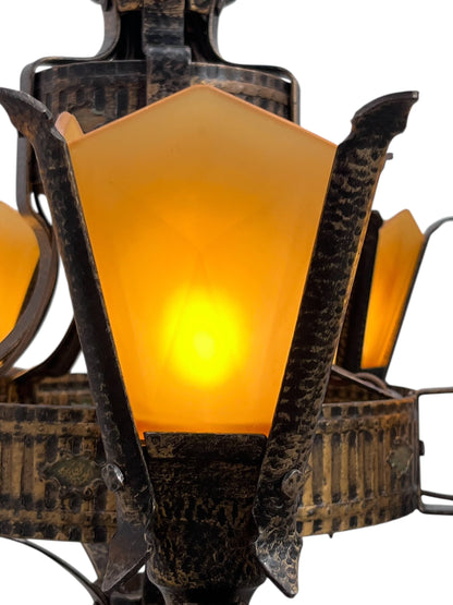 Frankelite 5 light Chandelier from the 1930s with Amber Glass Shades and Original Finish #2572