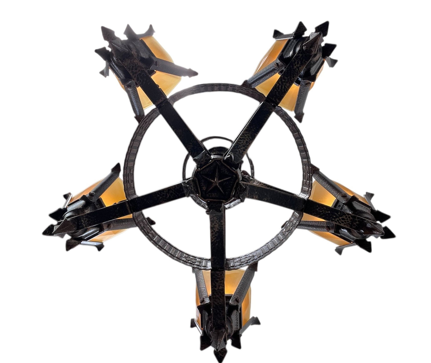 Frankelite 5 light Chandelier from the 1930s with Amber Glass Shades and Original Finish #2572
