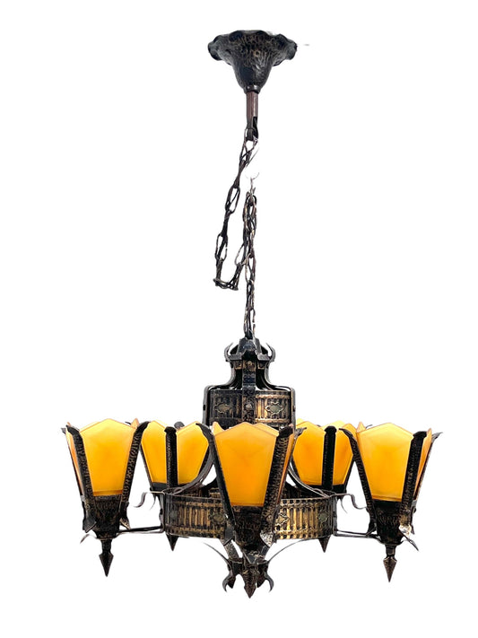 Frankelite 5 light Chandelier from the 1930s with Amber Glass Shades and Original Finish #2572