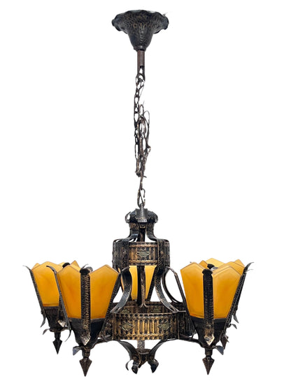 Frankelite 5 light Chandelier from the 1930s with Amber Glass Shades and Original Finish #2572