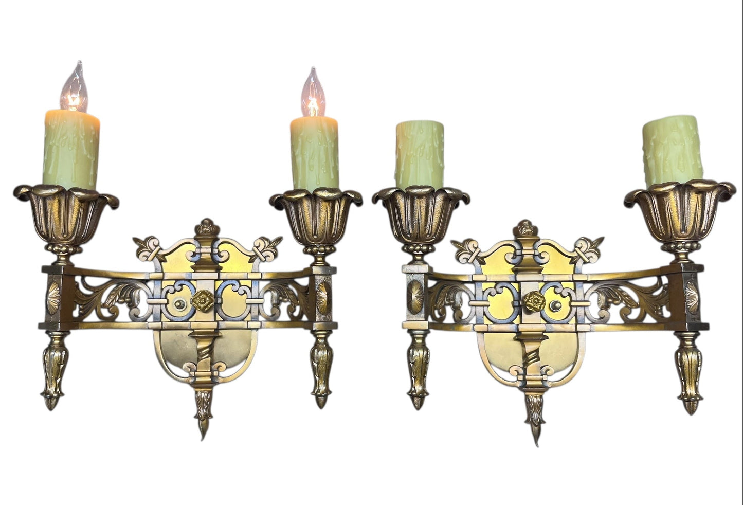 Cast Bronze Beaux Arts Two Light Wall Sconces with Original Patina Finish #2577
