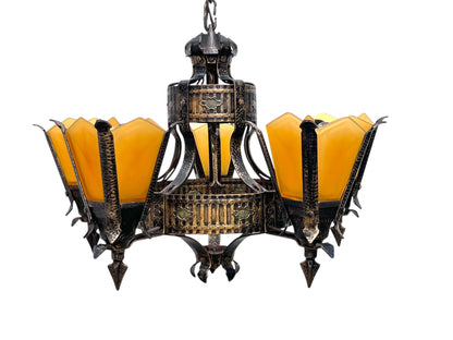Frankelite 5 light Chandelier from the 1930s with Amber Glass Shades and Original Finish #2572