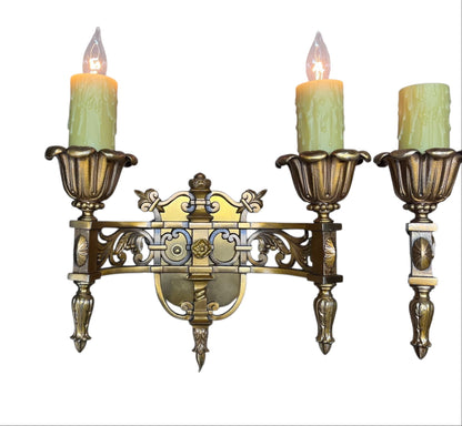 Cast Bronze Beaux Arts Two Light Wall Sconces with Original Patina Finish #2577