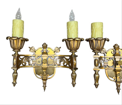 Cast Bronze Beaux Arts Two Light Wall Sconces with Original Patina Finish #2577