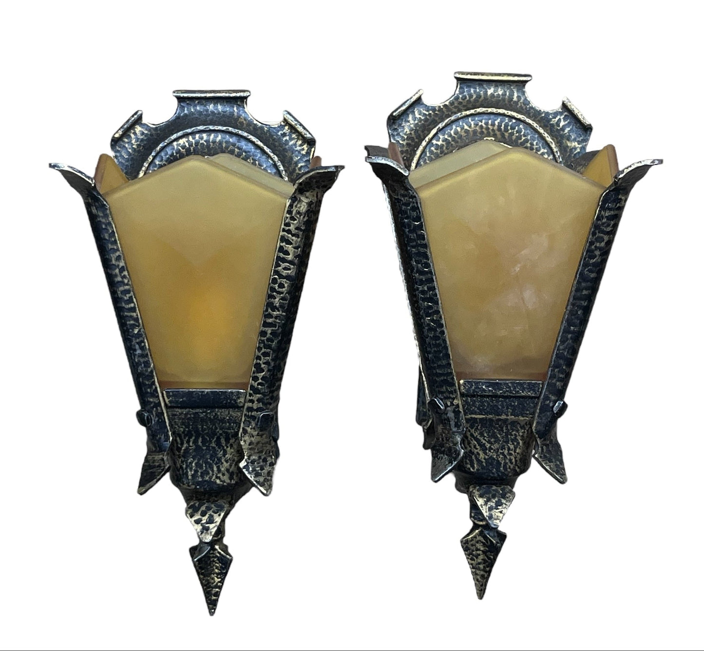 One Pair Frankelite Wall Sconces with Amber Glass Shades with Original Gold and Black Finish  #2573
