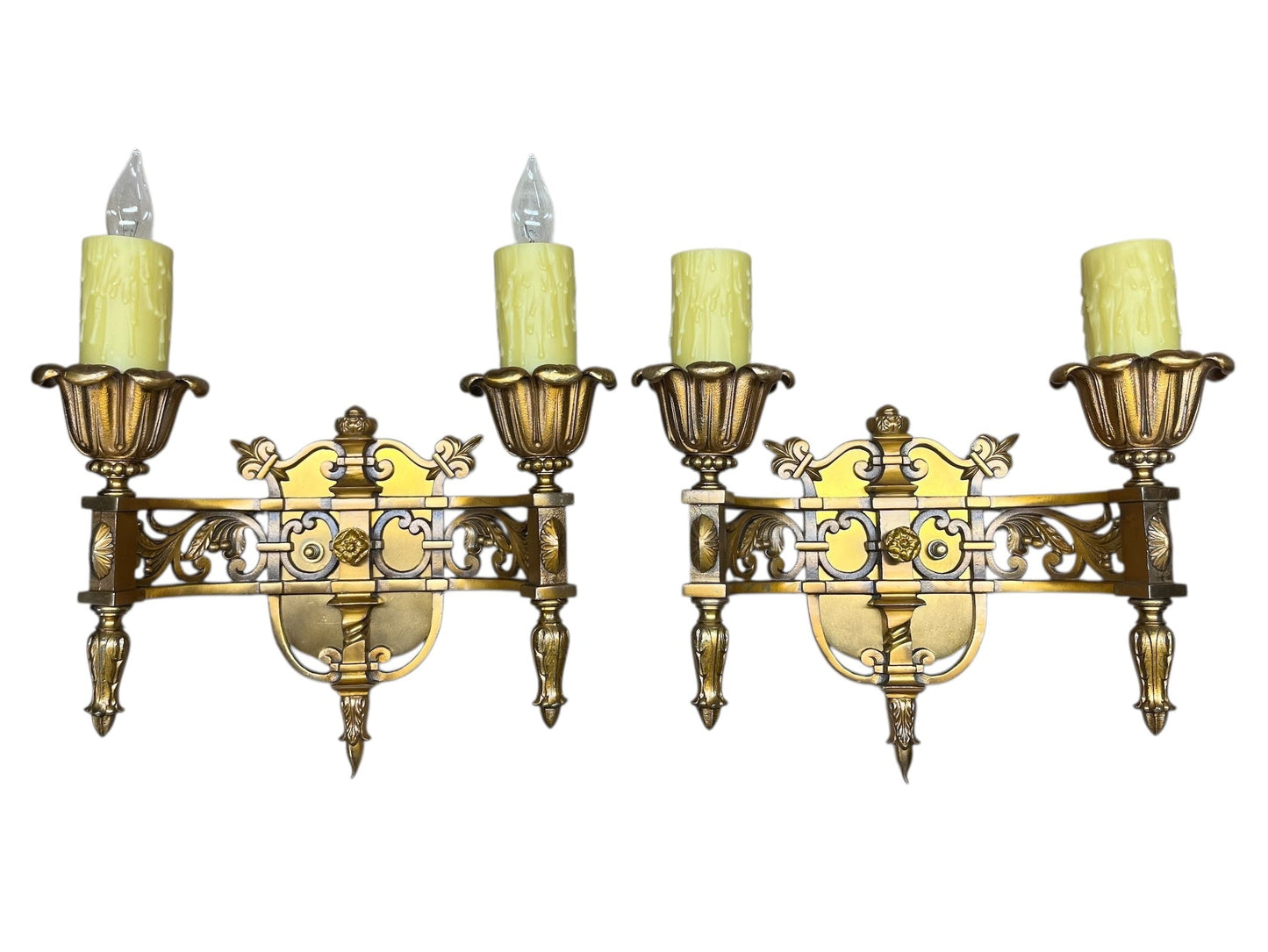 Cast Bronze Beaux Arts Two Light Wall Sconces with Original Patina Finish #2577