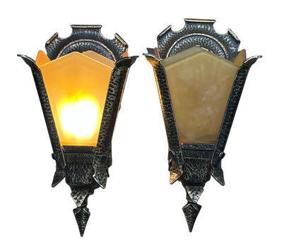 One Pair Frankelite Wall Sconces with Amber Glass Shades with Original Gold and Black Finish  #2573