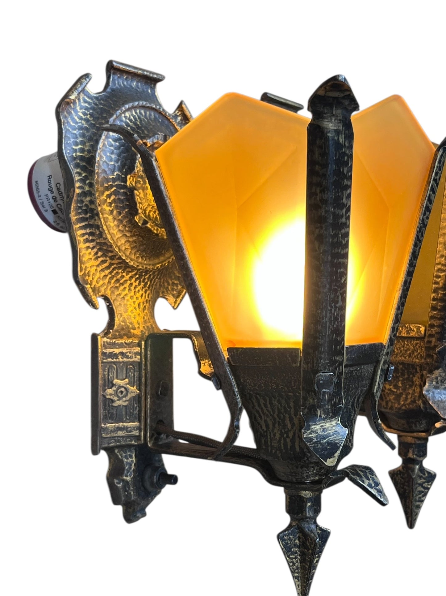 One Pair Frankelite Wall Sconces with Amber Glass Shades with Original Gold and Black Finish  #2573