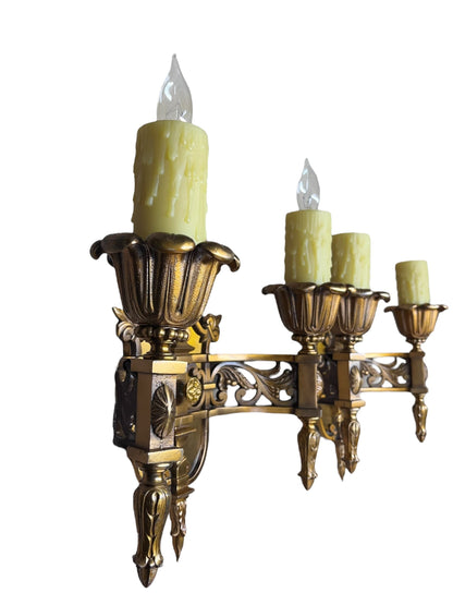 Cast Bronze Beaux Arts Two Light Wall Sconces with Original Patina Finish #2577