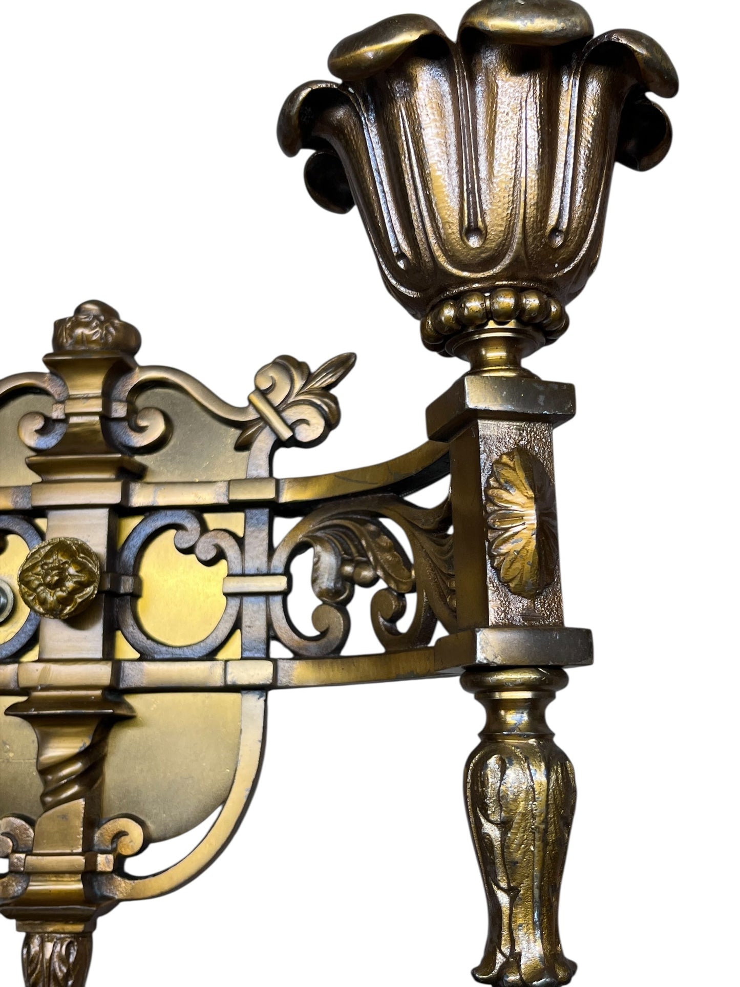 Cast Bronze Beaux Arts Two Light Wall Sconces with Original Patina Finish #2577