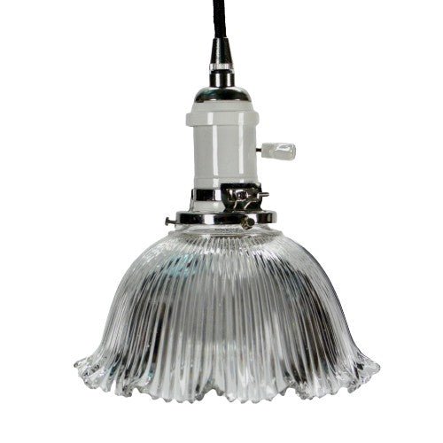 Clear Glass Antique Holophane Pendant Light for Kitchen Islands on New Wire Fixture with Switch and Brushed Brass Canopy  #2080