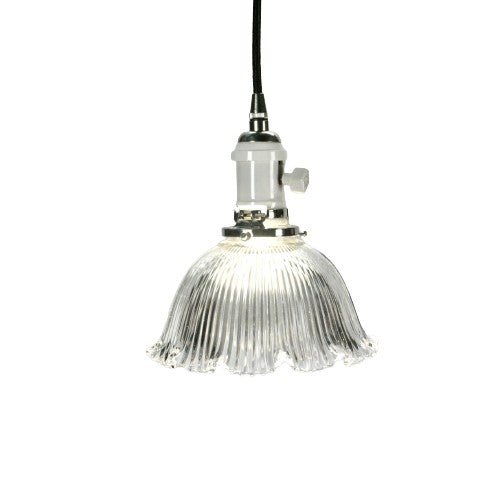 Clear Glass Antique Holophane Pendant Light for Kitchen Islands on New Wire Fixture with Switch and Brushed Brass Canopy  #2080