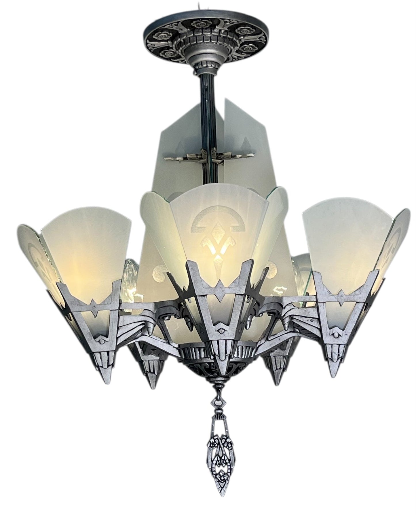 One of TWO Art Deco Chandelier with Flat Panels of Glass for Short Ceilings  #2579