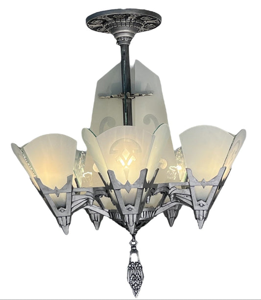 One of TWO Art Deco Chandelier with Flat Panels of Glass for Short Ceilings  #2579