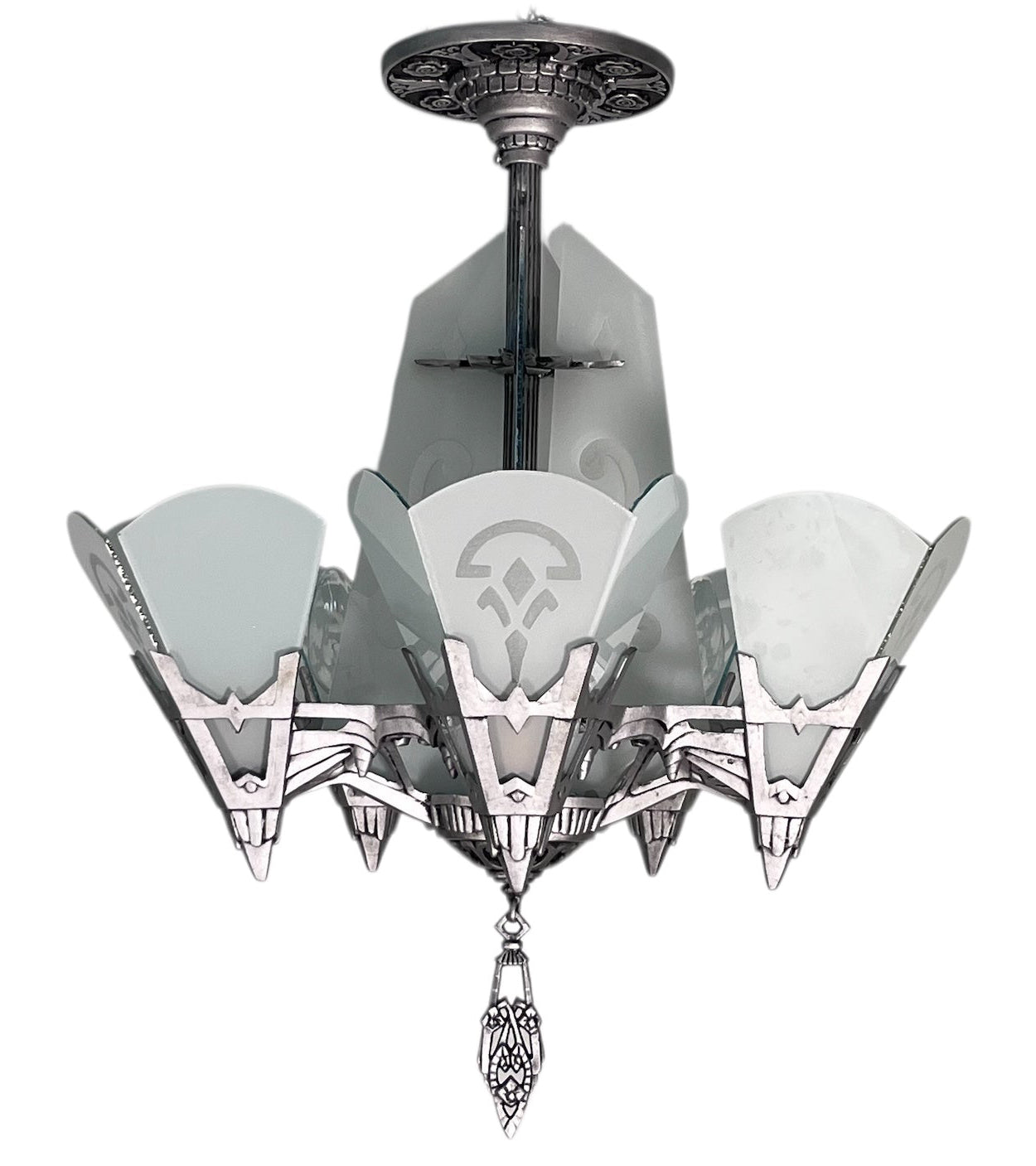 One of TWO Art Deco Chandelier with Flat Panels of Glass for Short Ceilings  #2579