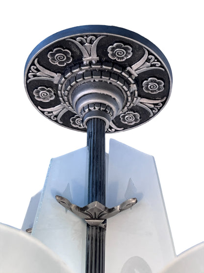 One of TWO Art Deco Chandelier with Flat Panels of Glass for Short Ceilings  #2579