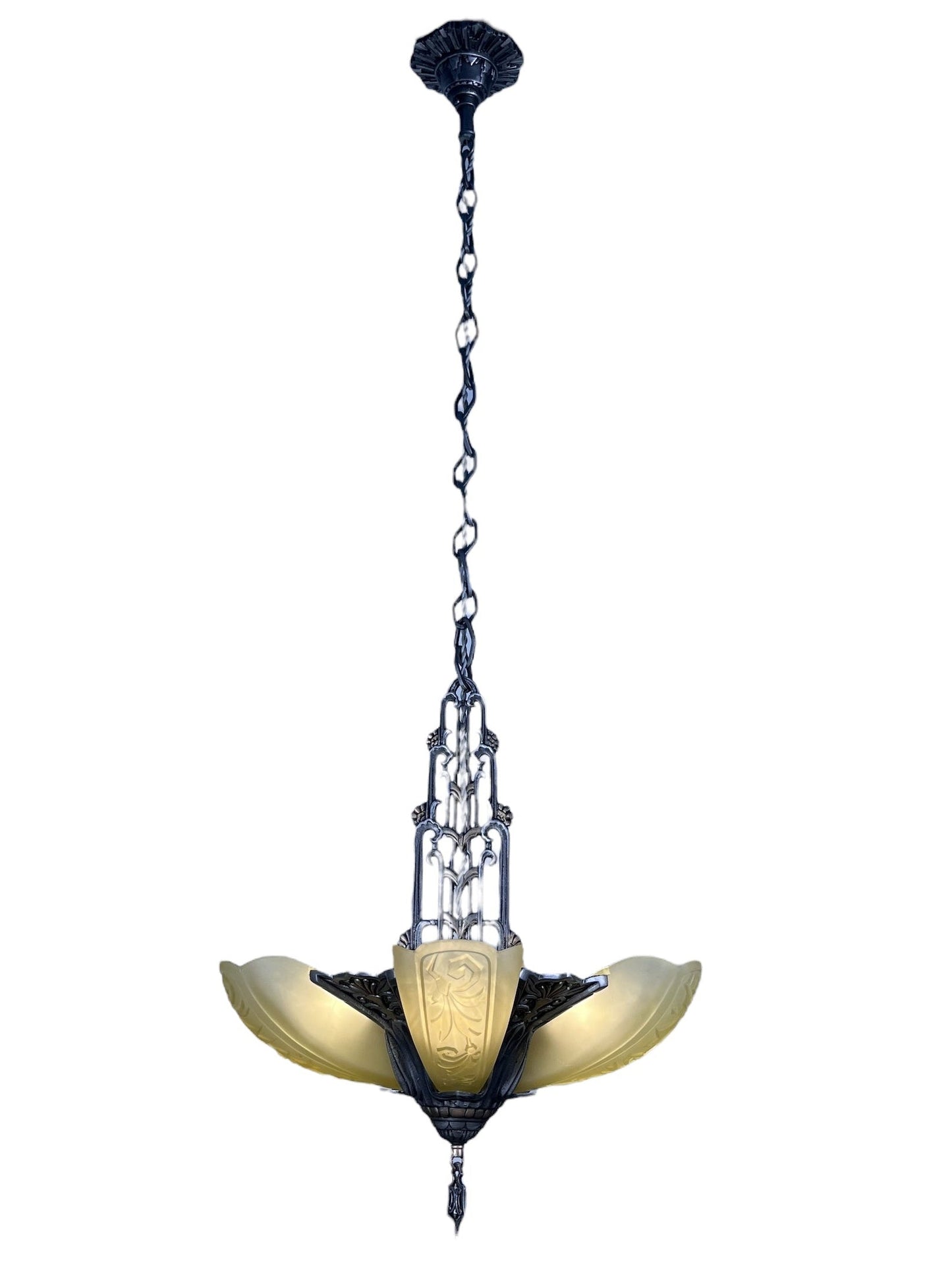 Dark Silver 5 Light Chandelier with Amber Glass Slip Shades #2582