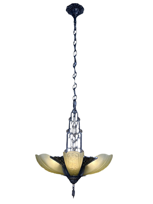 Dark Silver 5 Light Chandelier with Amber Glass Slip Shades #2582