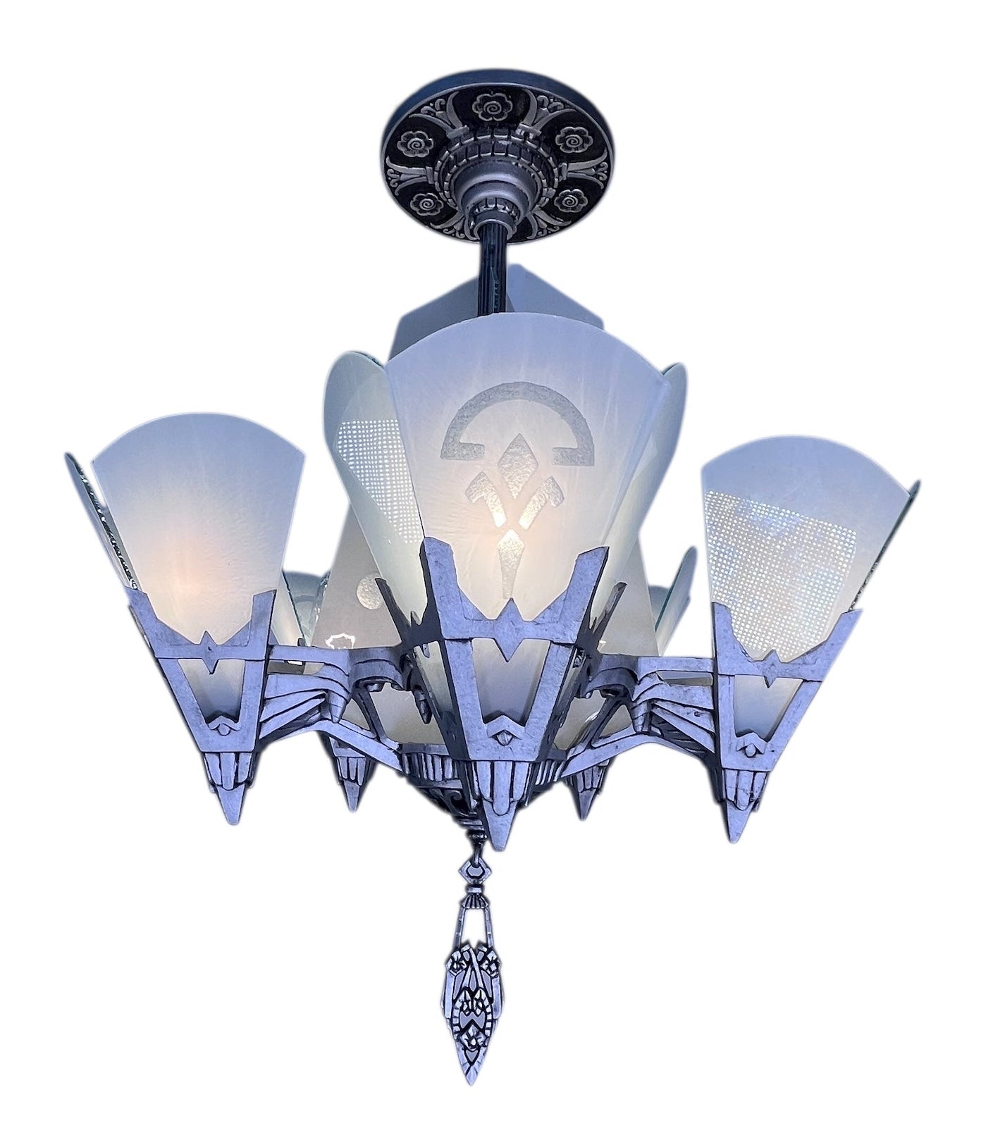 One of TWO Art Deco Chandelier with Flat Panels of Glass for Short Ceilings  #2579