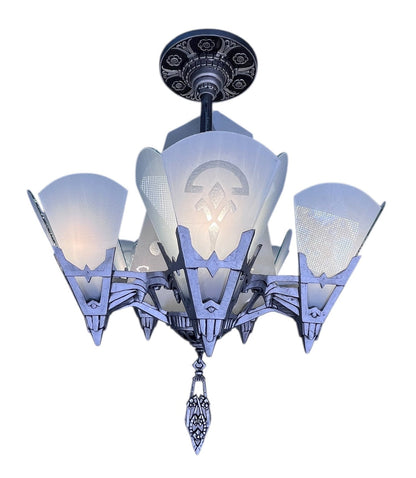 One of TWO Art Deco Chandelier with Flat Panels of Glass for Short Ceilings  #2579