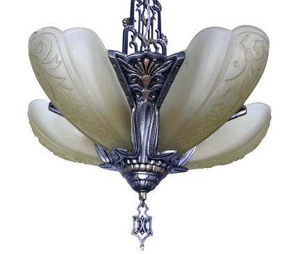 Dark Silver 5 Light Chandelier with Amber Glass Slip Shades #2582