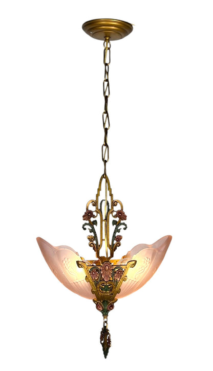 Art Deco Pink Slip Shade 2 Light "La Salle" Pendant #2586