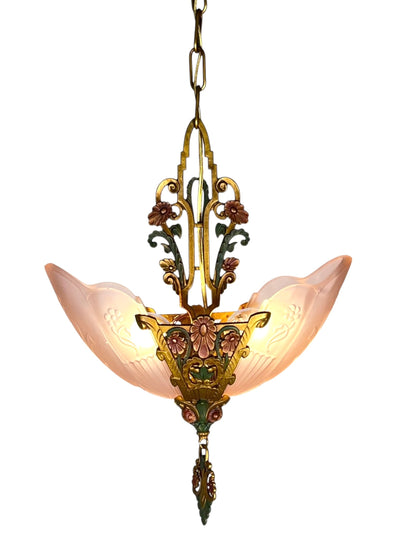 Art Deco Pink Slip Shade 2 Light "La Salle" Pendant #2586