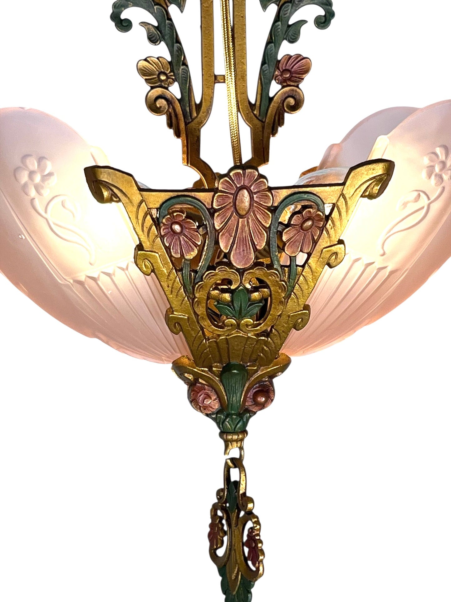 Art Deco Pink Slip Shade 2 Light "La Salle" Pendant #2586