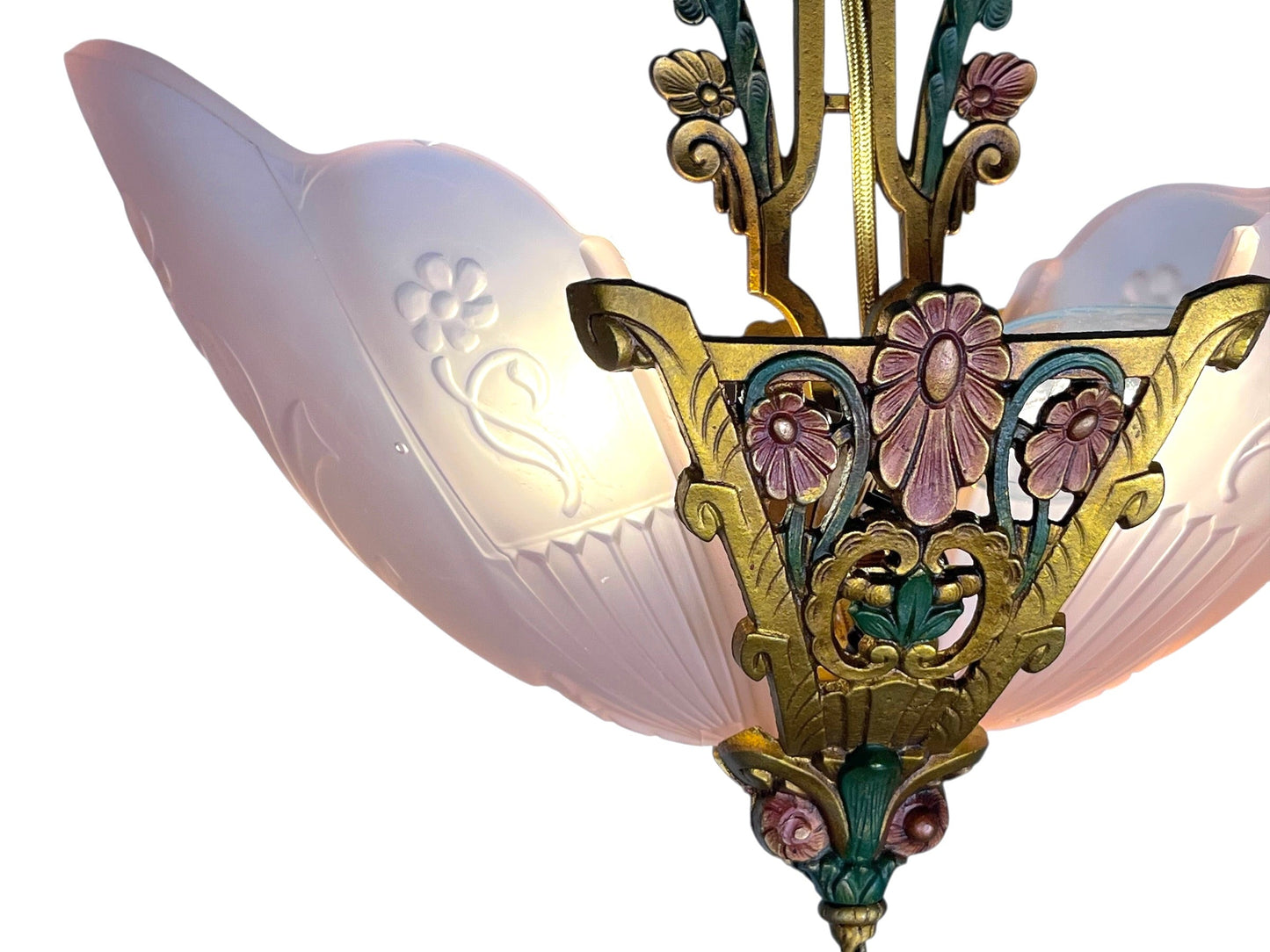 Art Deco Pink Slip Shade 2 Light "La Salle" Pendant #2586
