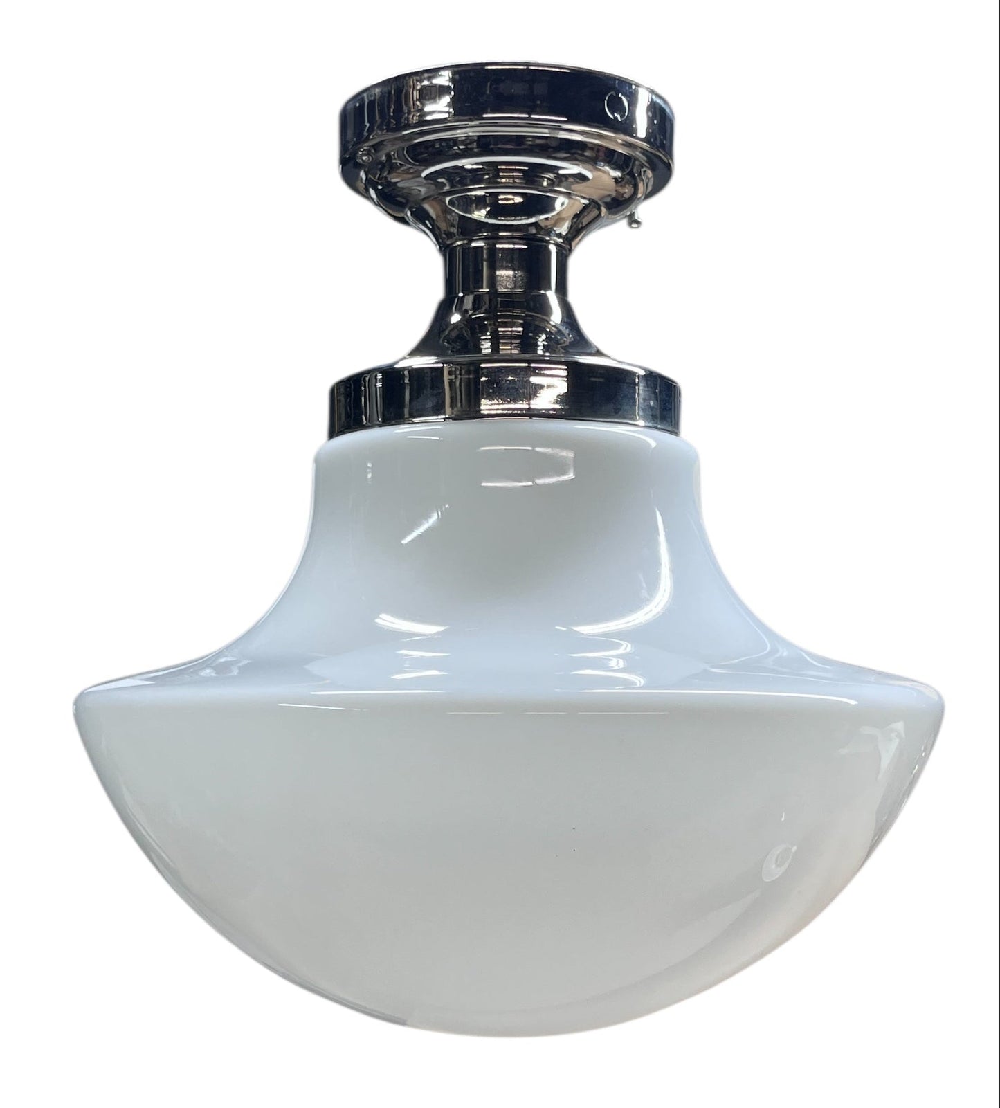 Polished Nickel 1920s Milk Glass Schoolhouse Globe #2589