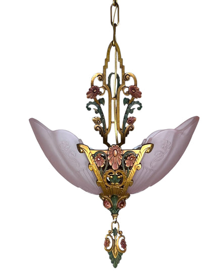 Art Deco Pink Slip Shade 2 Light "La Salle" Pendant #2586