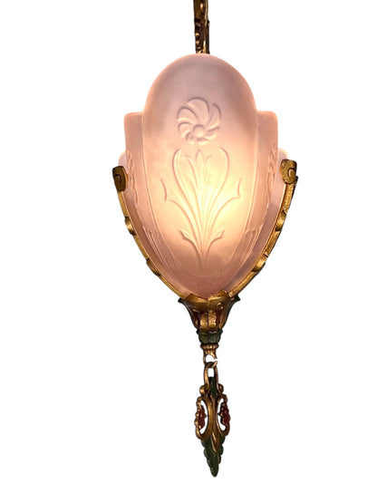 Art Deco Pink Slip Shade 2 Light "La Salle" Pendant #2586
