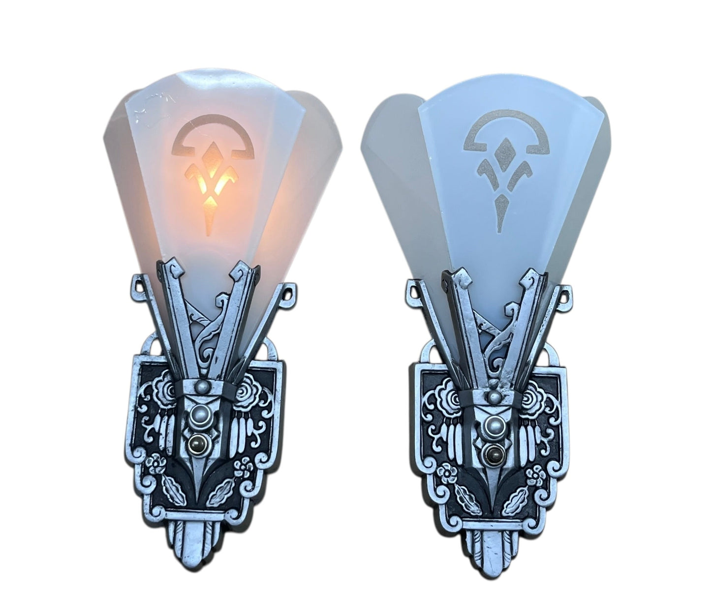 One Pair (of 2) Art Deco Flat Glass Panel Wall Silver and Black Sconces by Lincoln #2581