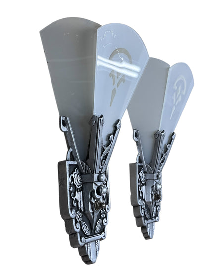 One Pair (of 2) Art Deco Flat Glass Panel Wall Silver and Black Sconces by Lincoln #2581