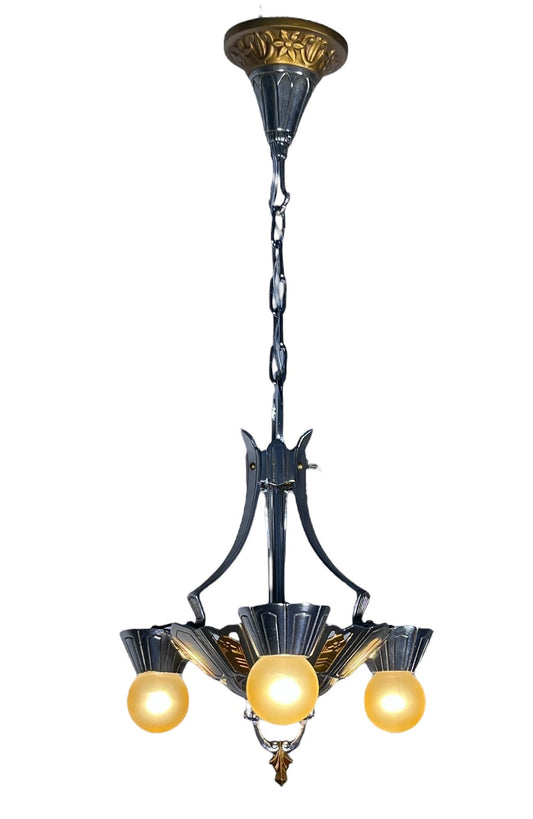 1930s Art Deco  3 Light Hanging Light in Polished Aluminum #2584